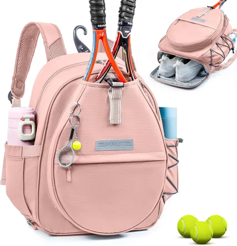 Miniatura 14 de Mochila de Tenis con Soporte para 2 Raquetas, Bolsa de Raqueta de Tenis de Cuero PU Resistente al Agua para Mujeres y Hombres, Mochila Deportiva