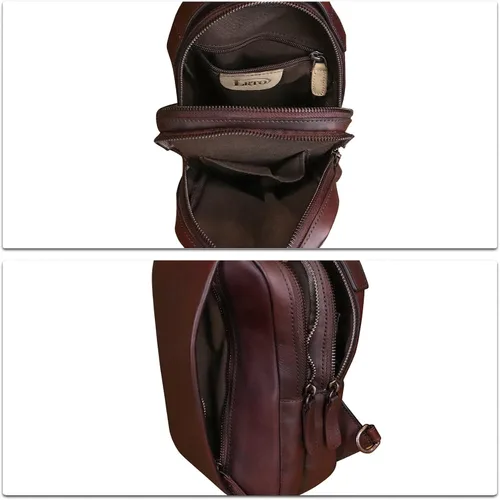 Miniatura 7 de LRTO Bolso de cuero genuino para hombres y mujeres, mochila bandolera de cuero real para el pecho, bolso cruzado, Café, Mochilas Sling