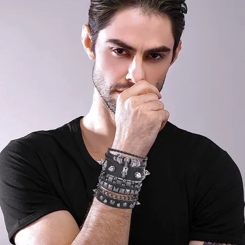 Miniatura 2 de 4 piezas de pulseras punk para hombres y mujeres, juego de pulseras de cuero con tachuelas, accesorio de joyería gótica rock para atuendo de los 80