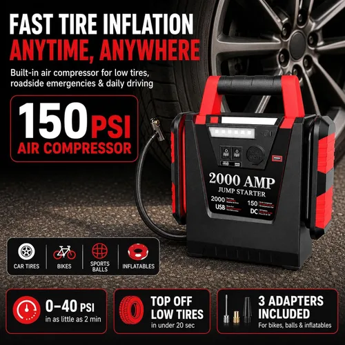 Miniatura 3 de Arrancador con compresor de aire, arrancador de batería de coche de 2000A, inflador de neumáticos de 260 PSI, amplificador de batería de plomo-ácido