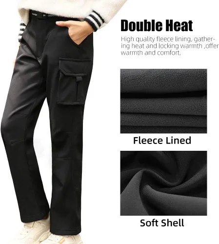 Miniatura 4 de JOMLUN Pantalones de senderismo con forro polar para niño, impermeables, resistentes al viento, cálidos, suaves, para exteriores, pantalones cargo