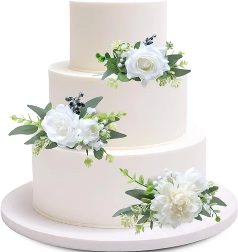 Miniatura 6 de Marriwise 3 piezas de flores prefabricadas, decoración de pastel de boda rosa baya, decoración de flores artificiales para boda, ceremonia