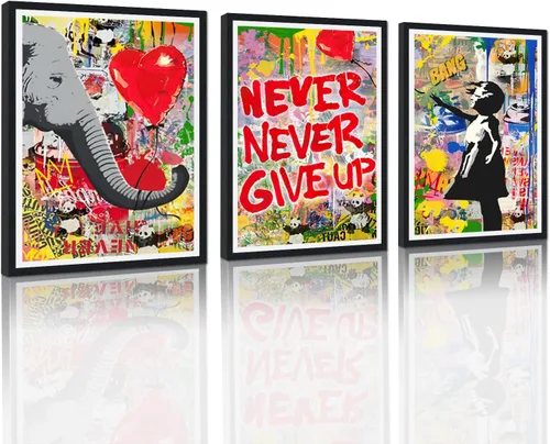 Miniatura 15 de 3 Piezas de Arte de Pared Banksy en Lienzo, Póster de Graffiti, Decoración de Pared con Citas Inspiradoras, Nunca Te Rindas, Obras de Arte para Sala