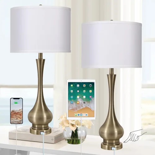 Lámpara táctil para dormitorios juego de 2, juegos de lámparas de mesa de noche regulables de 3 vías con pantalla de tela de lino, lámpara de