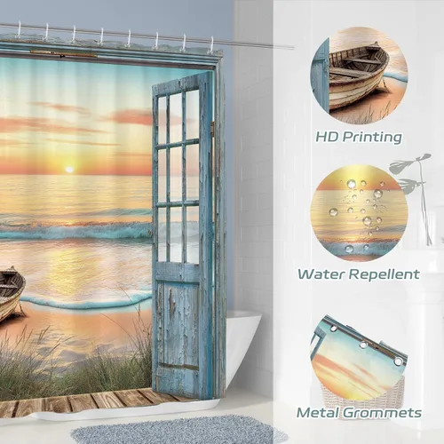 Miniatura 6 de Dazzlewall Cortina de ducha con diseño rústico de playa y océano, juego de cortinas de baño para el hogar, tela impermeable de poliéster, 72 x 72