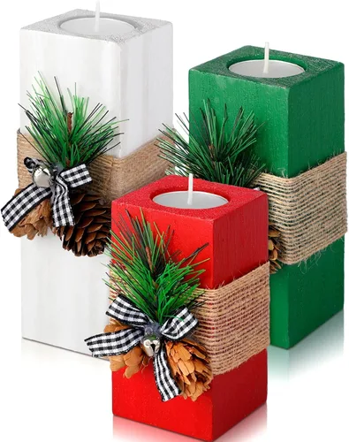 Sliner 3 Piezas Portavelas de Navidad con Velas de Madera Portavelas de Té de Navidad Decoraciones Rojas Blancas Verdes Votivas de Madera Candelabro