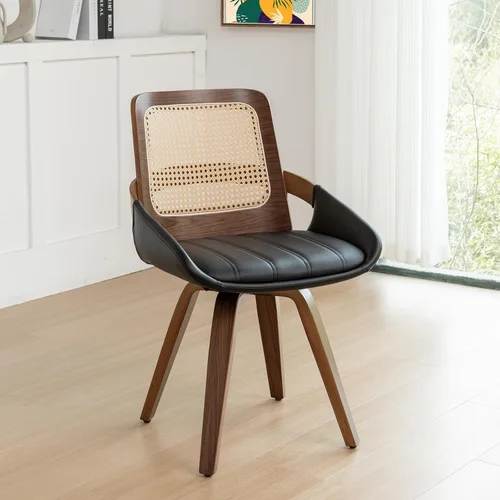 Miniatura 11 de Juego de 2 sillas de comedor de ratán verde, sillas de comedor modernas de mediados de siglo con marco de madera curvada de nogal, respaldo Nogal