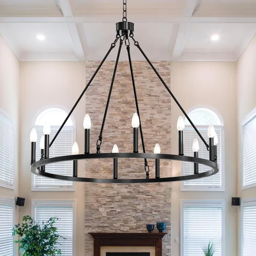 Miniatura 10 de Candelabro de iluminación de rueda de carro, 6 luces con pantalla de vidrio semillado, lámpara redonda de madera para cocina, isla de vestíbulo