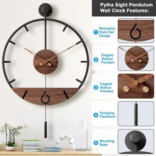 Miniatura 3 de Pytha Sight Reloj de pared de péndulo decorativo moderno de 30.7 x 20 pulgadas, reloj de pared silencioso de gran tamaño de metal grande