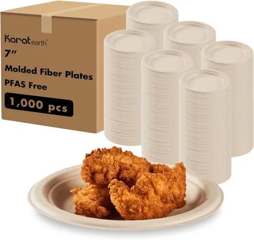 KARAT EARTH Platos de papel desechables compostables de 7 pulgadas (paquete de 1,000 unidades), fibra moldeada, paquete ecológico a granel (natural)