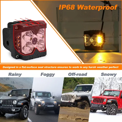 Miniatura 4 de MOVOTOR Side Shooter LED Pods Amber Luces de conducción estroboscópicas para camión, 4 x 4, ATV IP68 Waterproof,Solid & Strobe Amber,6500K White
