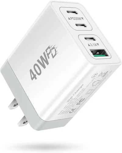 Bloque de cargador USB C de 40 W, tipo C, bloques de carga rápida, cargador de pared USB multipuerto, adaptador de corriente, accesorios de Blanco