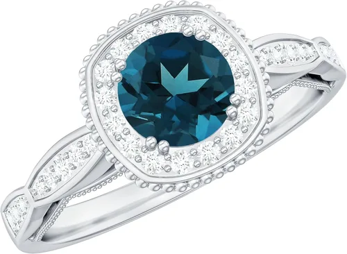 Anillo de compromiso con halo de diamantes de topacio azul londinense certificado, calidad AAA, anillo de diamantes de topacio azul natural, con
