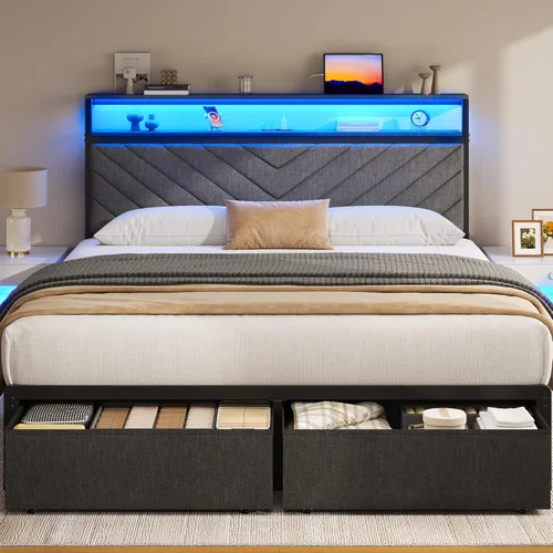 Miniatura 7 de Fluest Base de cama Queen con 2 cajones, cabecera tapizada con estación de almacenamiento y carga, luces LED, cajones de tela con ruedas