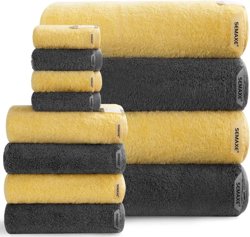 Miniatura 29 de SEMAXE - Juego de toallas de baño amarillas, 2 toallas de baño de lujo, 2 toallas de mano, 4 toallas faciales 100% algodón con bucles para colgar