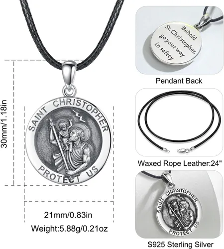 Miniatura 303 de EUDORA Collar de plata de ley 925, San Cristóbal y San Benito, San Miguel, Virgen María, San Judas Tadeo, Cruz de Buen Pastor y Arcángel, Medalla