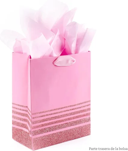 Miniatura 4 de Hallmark - Bolsa de regalo con papel de seda (tamaño grande), diseño de lunares, color rosa, M, Rayas rosadas medias
