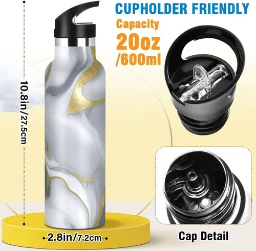 Miniatura 2 de Kids Water Bottle for School Leakproof Sports Water Bottle for Boys Girls 20oz, BPA-Free, Grey Gold Marble Texture