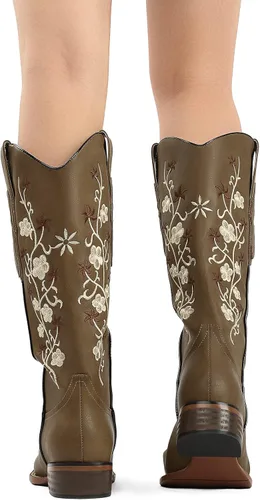 Miniatura 6 de SO SIMPOK Botas vaqueras bordadas con flores para mujer, botas vaqueras retro, botas occidentales, botas de media pantorrilla