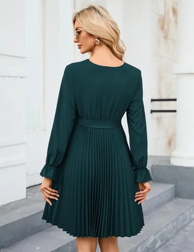Miniatura 5 de KOJOOIN Vestido plisado de manga larga abombada para mujer, cuello en V, volantes, casual, con cinturón, vestido midi para baby shower, sesión