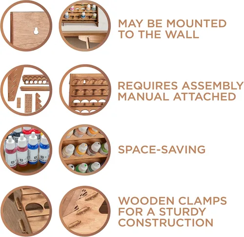 Miniatura 2 de Soporte para pintura de pared, funciona para Warhammer 40K, DnD, otras figuritas, 72 agujeros para botellas de pintura Vallejo, estante de madera