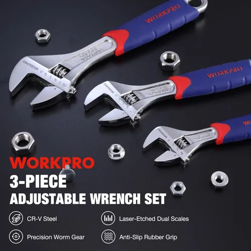 Miniatura 2 de WORKPRO Juego de llaves ajustables CR-V de 3 piezas con empuñaduras antideslizantes de goma de 10 pulgadas, 8 pulgadas, 6 pulgadas