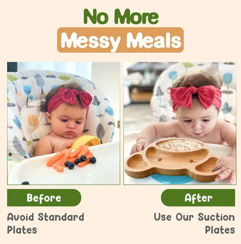 Miniatura 7 de Platos de bambú para niños - Platos para bebés y niños pequeños con succión para alimentación y destete, diseño de oso ecológico que promueve