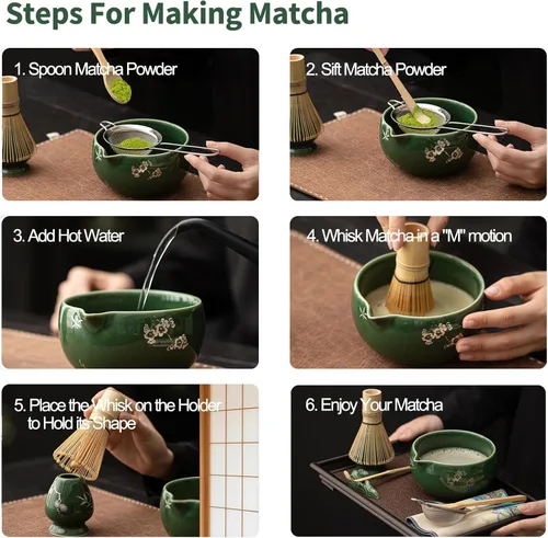 Miniatura 6 de Juego de batidores de matcha, 8 piezas de cerámica con cuenco matcha, batidor y soporte de matcha, cuchara y cuchara de bambú, soporte para cuchara