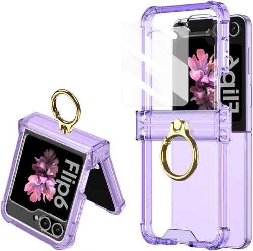 Miniatura 9 de Funda transparente para Samsung Galaxy Z Flip 6, protección de bisagra de lujo con soporte de anillo y protector de pantalla, funda suave todo Negro