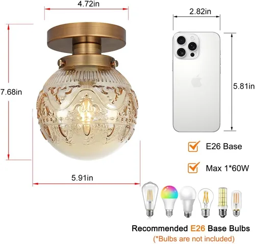Miniatura 6 de Daunton Lámpara de Techo Semiempotrada, Accesorio de Iluminación de Techo de Cocina Vintage Dorado, Luz de Techo Cercana con Globo de Cristal Ámbar