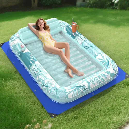 Miniatura 13 de Flotador inflable de bronceado para piscina con lona de protección, flotadores de piscina de 85 x 57 pulgadas para adultos con almohada, flotador