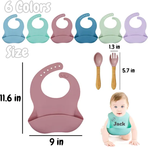 Miniatura 4 de FCQIANKM Juego de baberos de silicona personalizados para bebés, cuchara y tenedor con icono de nombre, baberos personalizados para niños pequeños
