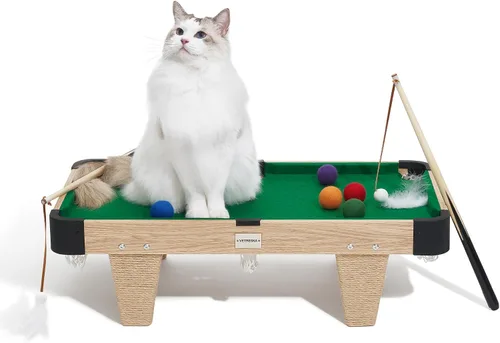 VETRESKA Mesa de billar mini 4 en 1 para juguetes de gatos, regalo para gatos, juguete de varita con plumas, juguete de rompecabezas de bola de