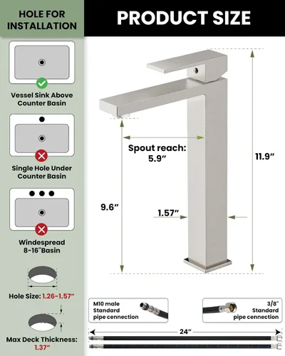 Miniatura 5 de gotonovo Grifo de lavabo de un solo mango, grifo de baño alto de un agujero, moderno lavabo mezclador, mangueras de suministro a juego y drenaje
