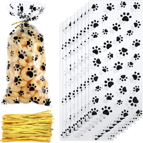 Boao 150 bolsas de celofán con estampado de patas de perro y mascotas, bolsas de regalo para galletas de dulces con 150 lazos giratorios para Negro