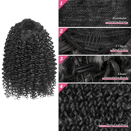 Miniatura 5 de Extensión de cola de caballo rizada profunda con cordón para mujeres negras, extensiones de cabello sintético con 2 clips, 14 pulgadas (1B)