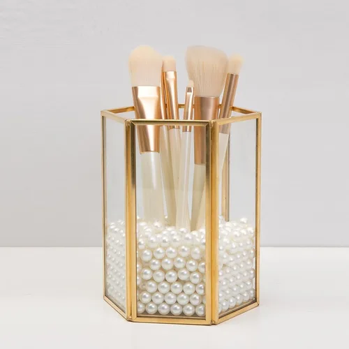 Miniatura 7 de SHERCHPRY Organizador de brochas de maquillaje de vidrio con taza de vidrio y acento dorado para cosméticos, almacenamiento para maquilladores y uso