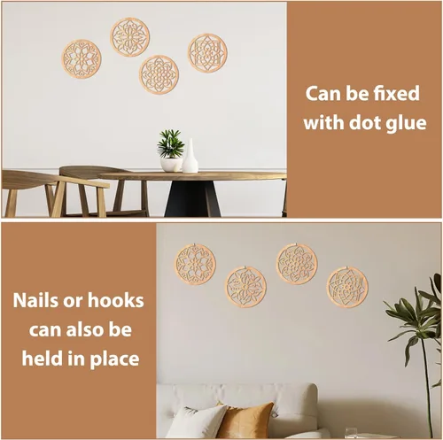 Miniatura 8 de KOYILTD 4 piezas gruesas de decoración de pared rústica, arte de pared tallado con flores, diseño hueco de madera tallada (redondo, 8.2 pulgadas)