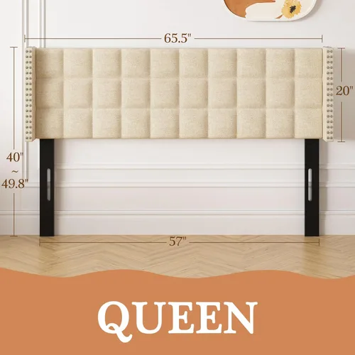 Miniatura 2 de VECELO Cabecera tamaño Queen, cabeceros tapizados de lino solo con ribete de cabeza de clavo, diseño cosido cuadrado, altura ajustable de 40 a 49.8