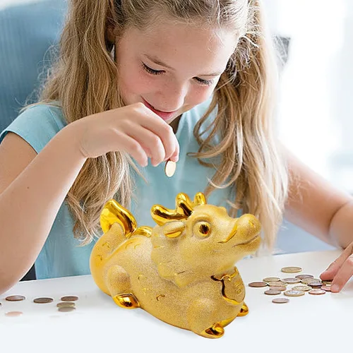 Miniatura 3 de Banco de dinero de dragón dorado, bonita caja de dinero, soporte para dinero familiar, almacenamiento de dinero de dragón, estatua de cerámica