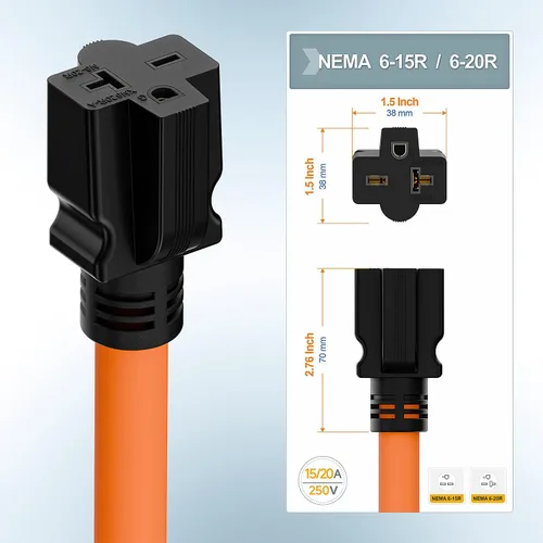 Miniatura 5 de Cable adaptador de corriente para soldador de 1.5 pies Nema 6-50P a 6-15R/6-20R, adaptador de hoja T 6-50P de 50 amperios a 6-20R 20A, 6-50 a 6-20R