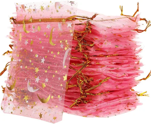Miniatura 10 de Shappy 150 bolsas de organza con cordón, pequeñas estrellas y luna, bolsa de regalo de malla, bolsas de regalo de malla con estrellas doradas