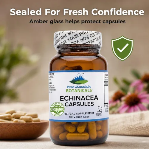 Miniatura 8 de Pure Mountain Botanicals Cápsulas de equinácea - Raíz orgánica de Angustifolia - 420 mg - 90 cápsulas - Suministro para 90 días - Suplemento Kosher