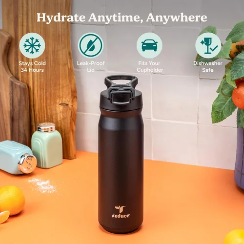Miniatura 2 de REDUCE Hydrate Pro - Botella de agua aislada de acero inoxidable de 24 onzas, tapa abatible a prueba de fugas, apta para lavavajillas, sin BPA, Negro