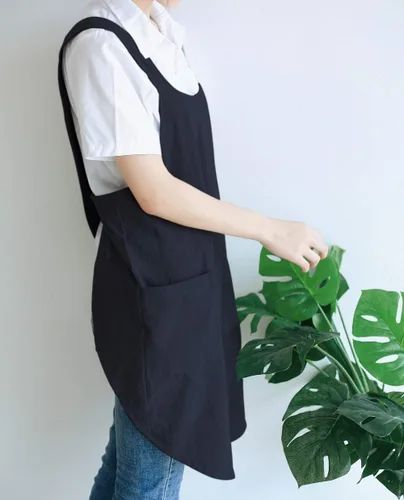 Miniatura 4 de NEWGEM - Delantales de cocina de lino japonés para mujeres y hombres, con tirantes cruzados y bolsillos, para repostería y cocina 04 - Mujer Negro
