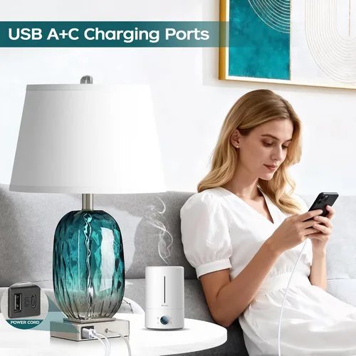 Miniatura 3 de Juego de 2 lámparas de mesa con control táctil, lámpara de noche de cristal verde azulado costero con puertos USB A+C, lámparas de mesa de noche
