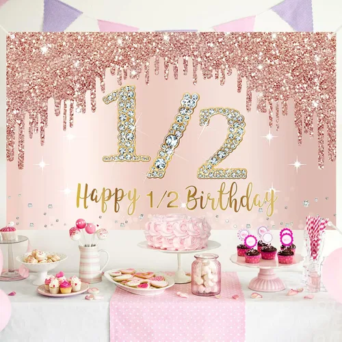 Miniatura 4 de Decoraciones de Fondo de Pancarta de Feliz Medio Cumpleaños para Niñas, Suministros de Letrero de Fiesta de Medio Cumpleaños de Oro Rosa, Póster