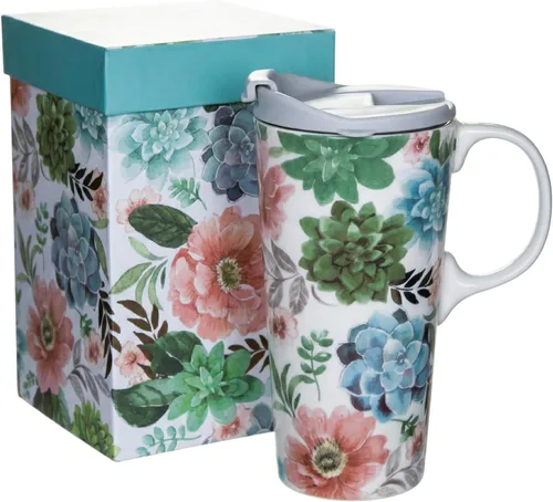 Miniatura 11 de Taza de cerámica Topadorn de porcelana para café con leche y té con caja de regalo, 17oz. Taza de viaje con tapa, estilo de navegación vintage