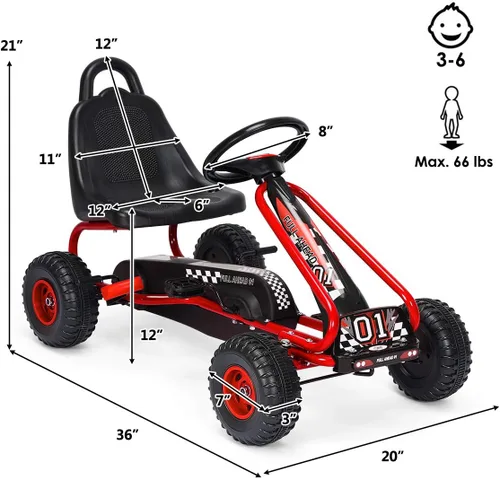 Miniatura 7 de HONEY JOY Go Kart para niños, carrito de 4 ruedas alimentado por pedal con volantes y asiento ajustable, freno de mano de seguridad, neumáticos Rojo