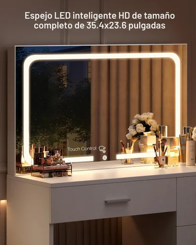 Miniatura 8 de LIVELYGLOW Escritorio de maquillaje con estación de carga y espejo LED, juego de tocador de 35.4 pulgadas con 4 cajones, 3 modos de iluminación
